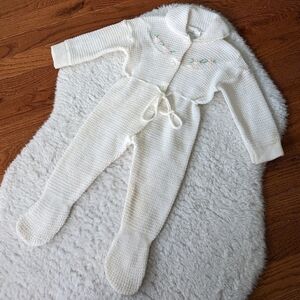 Vintage knit baby girls one piece outfit Ivory 3-6 mos
